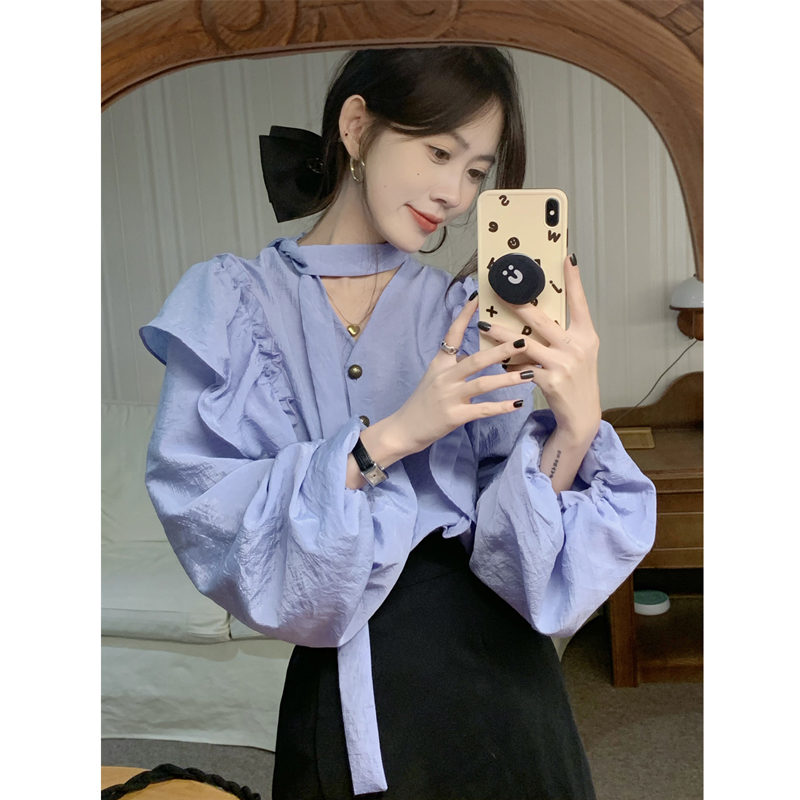 French niche lantern sleeve shirt women's autumn new design lace chic long-sleeved top