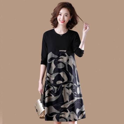 Fashion simple and loose large round neck print stitching thin medium length dress 2021 spring and Autumn New Women