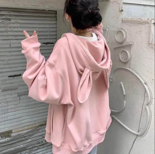 Autumn College Japanese department soft sister lovely rabbit ear sweater coat Student Korean loose hooded zipper cardigan female