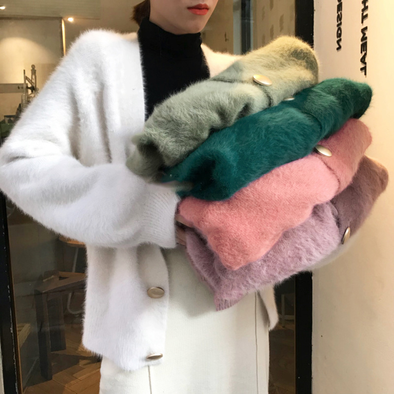 2021 autumn winter new Korean dongdamen loose lazy wind metal button mink cardigan sweater coat