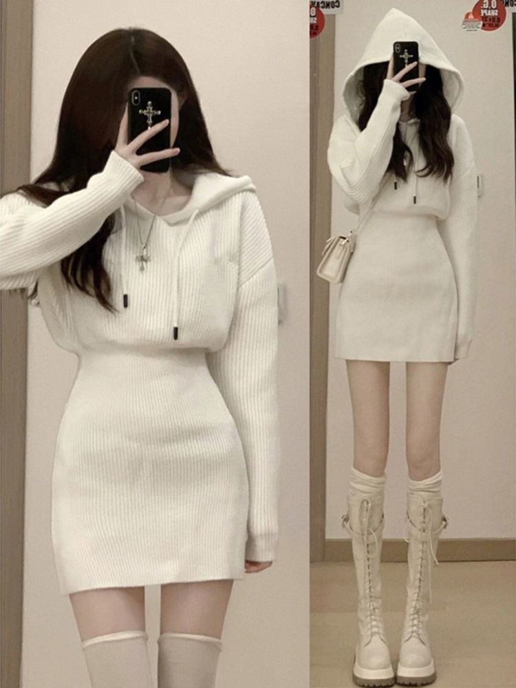 Pure desire wind hooded knitted dress women's autumn and winter inner sweater skirt sweet hot girl high-end bag hip sweater skirt