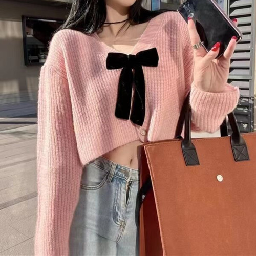Gentle wind bow pink sweater jacket women's autumn and winter 2022 new small short v-neck knitted cardigan