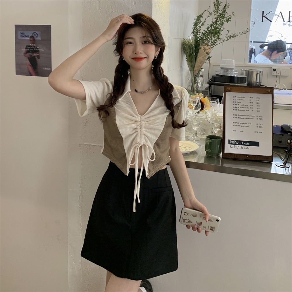 Polo collar front shoulder short sleeve T-shirt women's summer design sense of minority chic pure desire style short top small ins