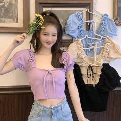 Sweet agaric edge solid color short sleeve T-shirt women's summer new Korean Short slim navel top fashion