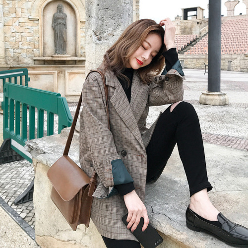 Korean chic small suit coat women's  spring and Autumn New Korean loose thousand bird lattice retro suit