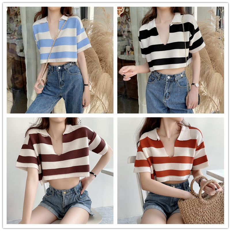 Real price color contrast stripe V-neck short sleeve Pullover loose, wear foreign style small short T-shirt