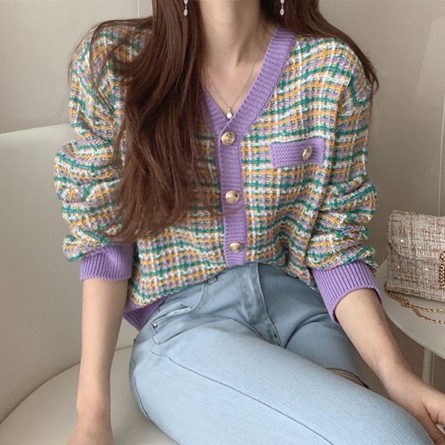 Korean chic aging retro color Plaid V-neck single breasted loose knit cardigan sweater jacket women