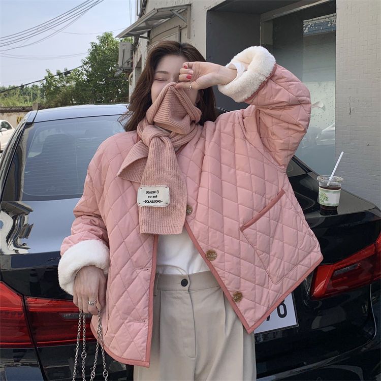 Autumn and winter 2022 pink collarless rhombus soft sheep lamb wool warm long-sleeved rhombus cotton coat women's students