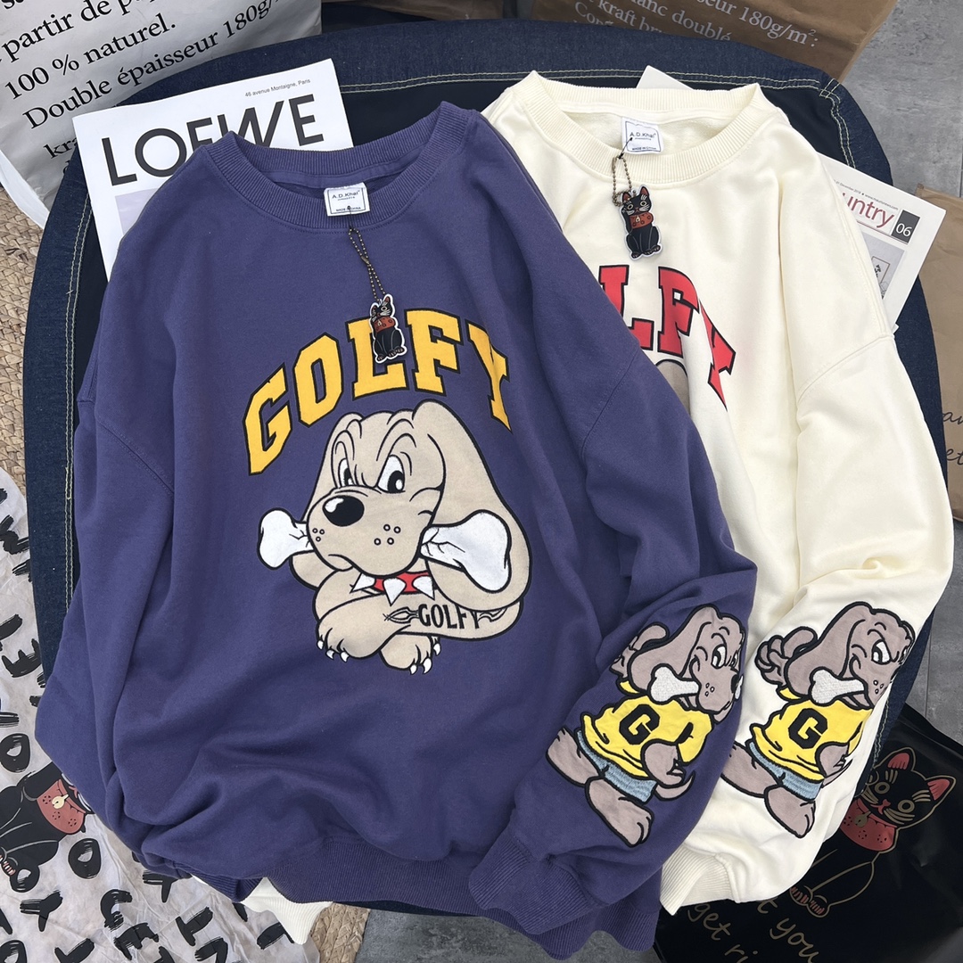 2022 autumn and winter new Korean style bag collar puppy letter printing large size women's loose thin section pullover round neck sweater