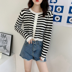 Real shot versatile basic simple design soft waxy comfortable striped T-shirt cardigan coat women's autumn top
