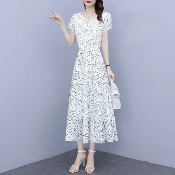 White printed chiffon dress women's summer dress 2022 new slim fit and slim large size covered belly broken flower fairy dress