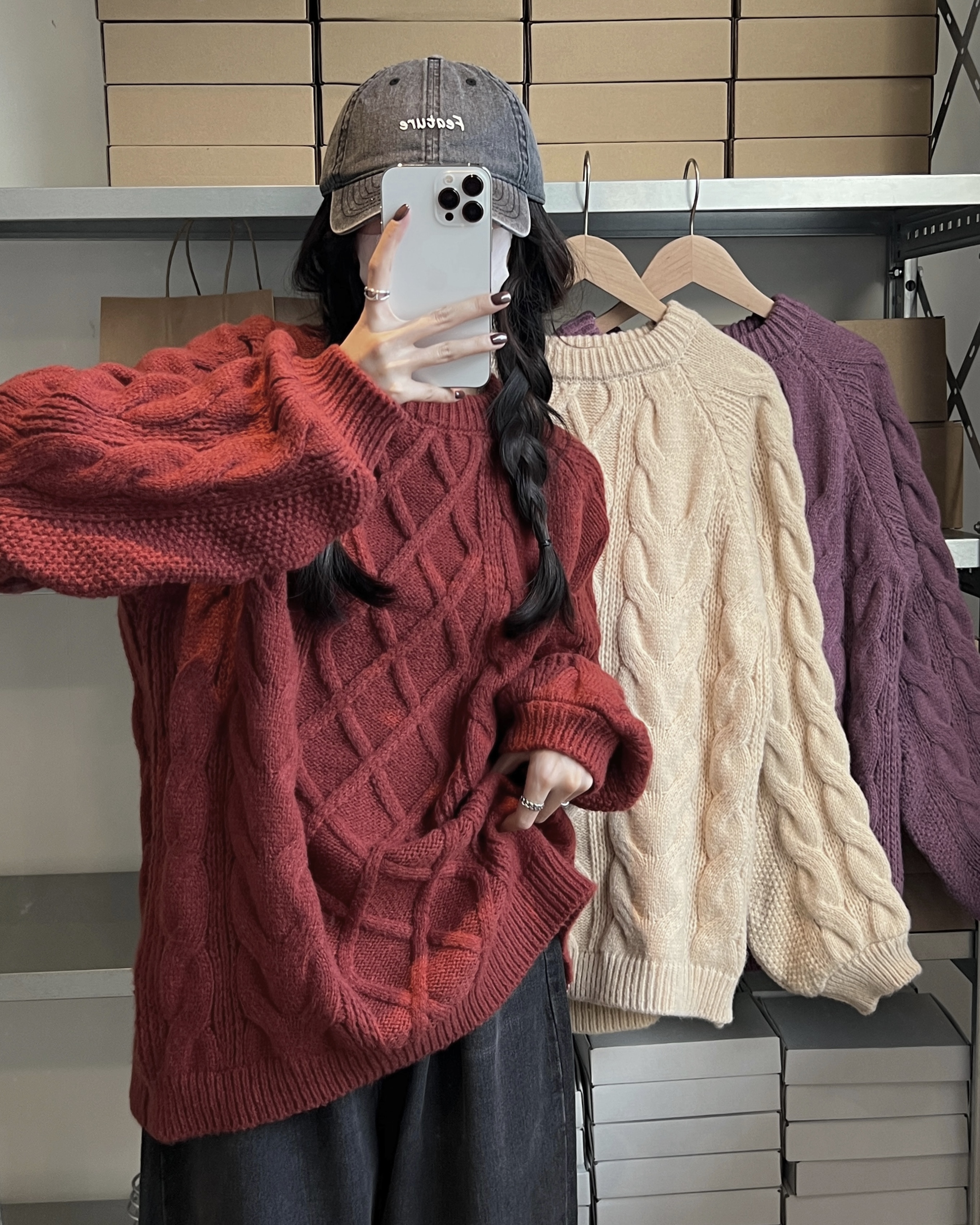Real auction real price High-quality thickened loose pullover thick wool medium long red twist sweater women
