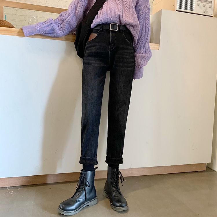 Real Price Autumn and Winter Plus Velvet Thick High Waist Stretch Jeans Women's Straight Leg Thin Legs ~ Send Belt
