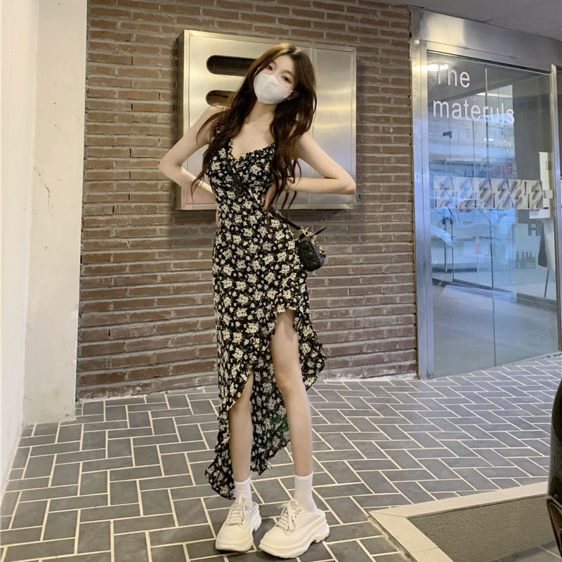 Irregular slit floral sling dress women's summer new retro ruffles mid-length A-line skirt skirt
