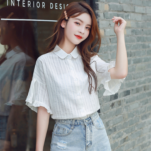 Real photo white shirt women's Ruffle Top summer design sense small Japanese temperament short sleeve shirt trend