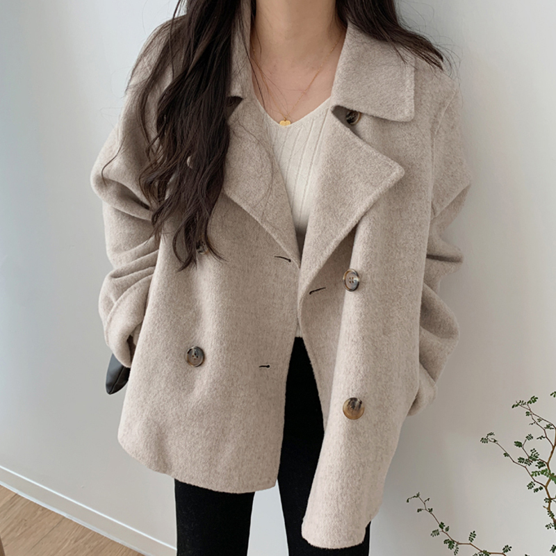 Korean chic double breasted Lapel short tweed coat