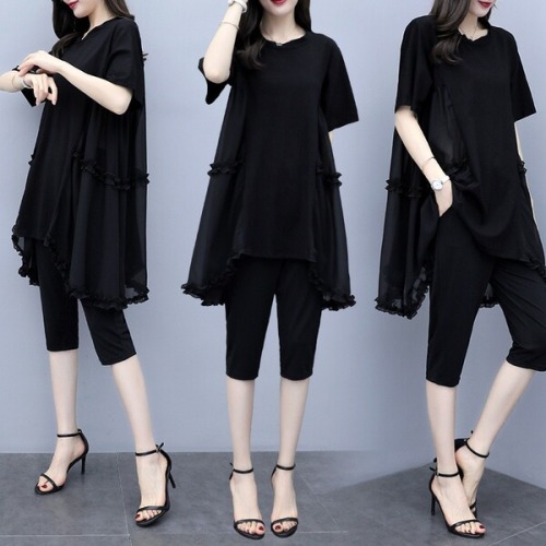 Large women's dress 2022 summer dress new foreign style chiffon suit fat sister covers her belly, reduces her age, fashionable and slim two-piece suit