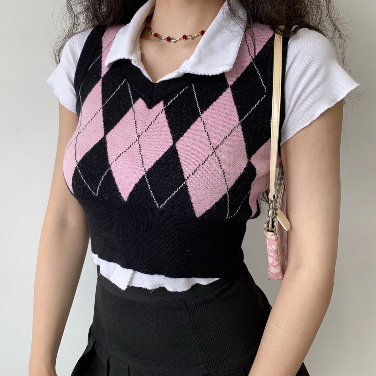 American retro contrast rhombic knitted vest vest waistcoat women's College collar sleeveless top