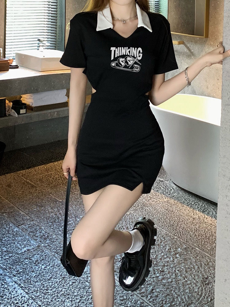 Polo collar dress women's summer waist open design sense of small crowd hip short skirt American retro spice girl pure desire skirt
