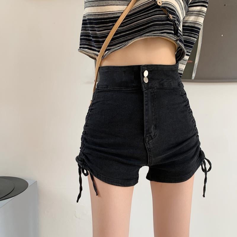 High waist denim shorts women's 2022 summer new Korean drawstring design feeling slim A-shaped bandage pants fashion