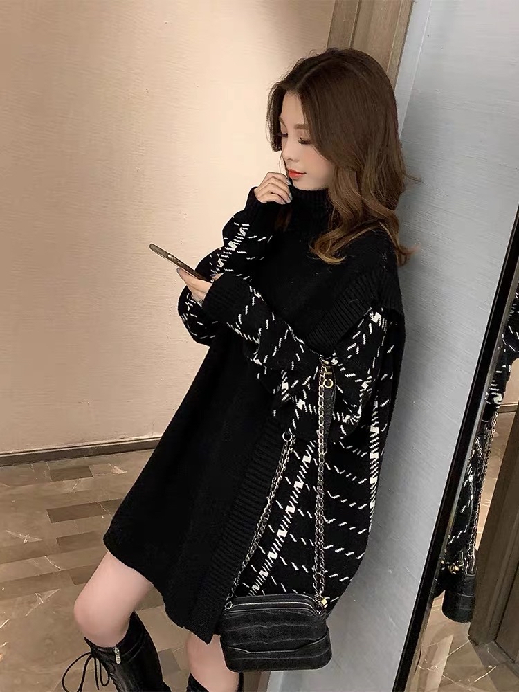 2020 winter new Korean high collar stitching fake two piece medium length sweater women's loose and lazy sweater skirt