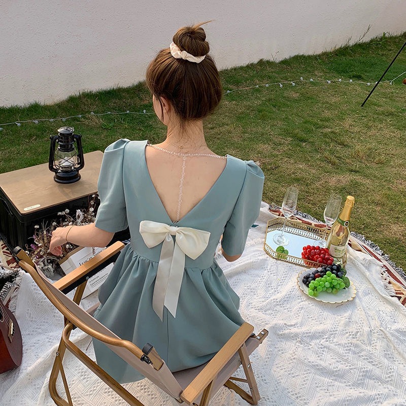 2023 summer new puff sleeve V-neck backless bowknot dress feminine temperament fashion small fresh skirt