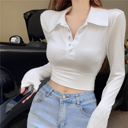 White polo collar long-sleeved T-shirt women's autumn new sexy waist slimming thin short top bottoming shirt