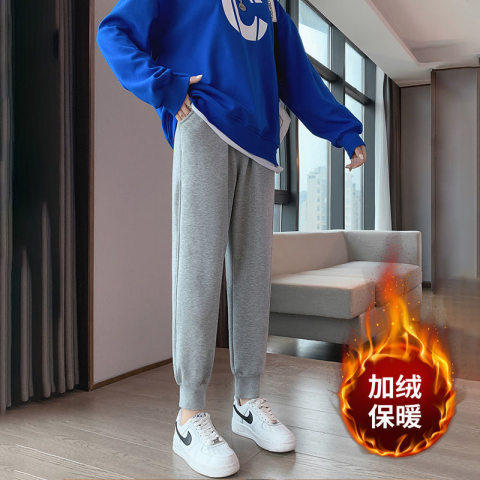 Plus velvet sports pants women's 2022 outer wear fat mm large size tall sweatpants loose gray warm casual pants winter