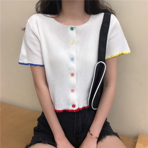 Real photo real price new Korean style elegant color button knitted cardigan short sleeve top for women in summer