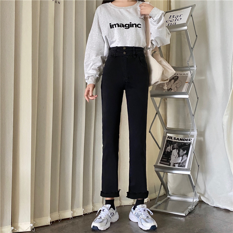 Real price ~ two button waist design elastic straight pants and pipe jeans