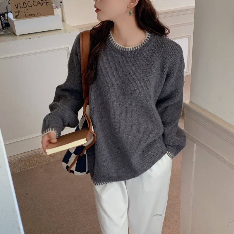 Real shooting real price Korean autumn new color blocking round neck long sleeve Pullover loose and versatile sweater sweater