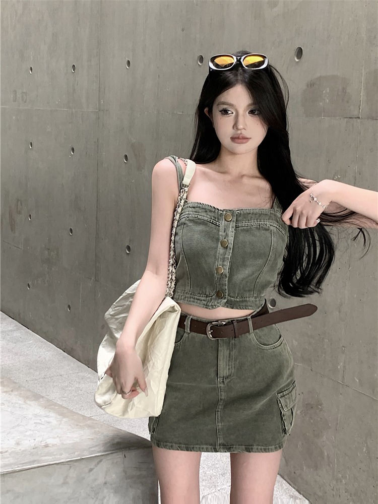 Real shot!  Hot girl retro denim suit women's camisole top high waist skirt short skirt suit summer
