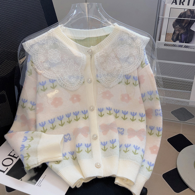 Doll collar knitted cardigan sweater coat women's autumn 2022 new European goods lace long-sleeved top