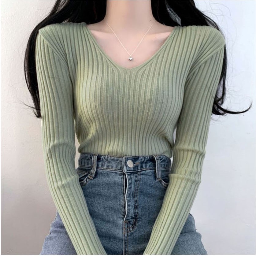Basic multi-color V-neck slim bottoming single long sleeve autumn and winter T-shirt