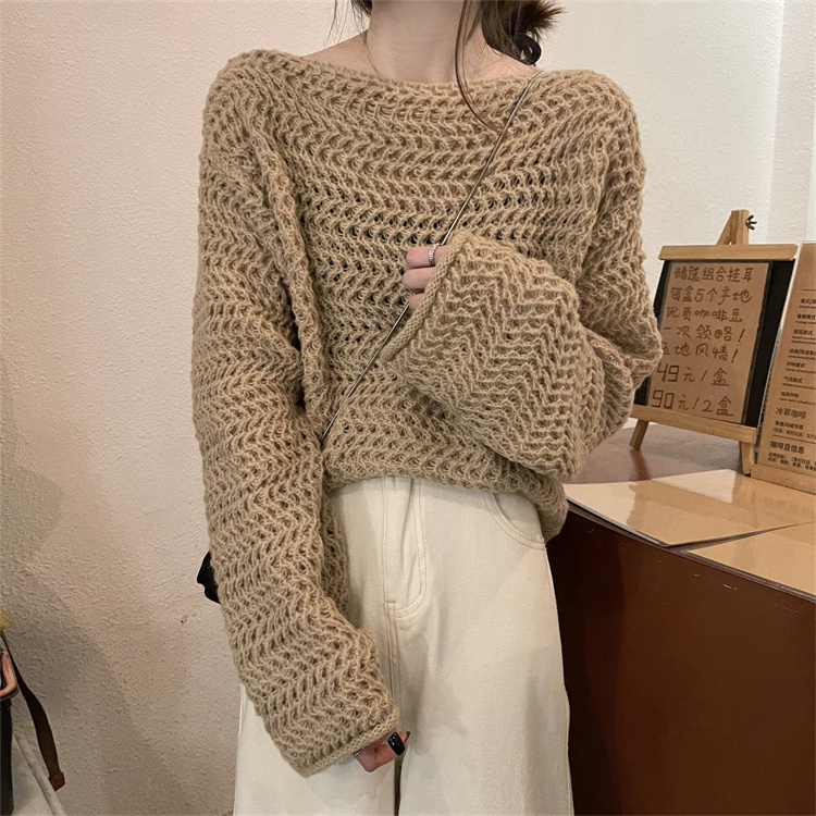 Real price real shot Korean style gentle wind trumpet sleeve hollow design knitted sweater solid color top women