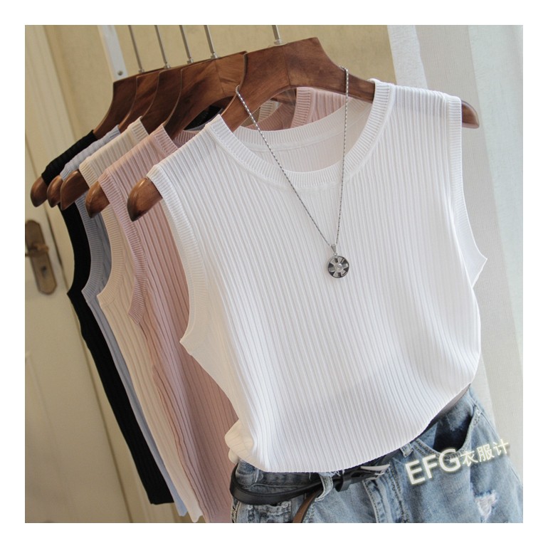 Spring and summer new women's wide shoulder belt round neck and thin sleeveless ice silk knitted vest women's top solid color