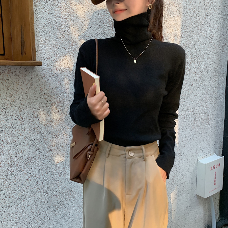 Real shot 2021 autumn new style with high collar foreign style bottoming shirt solid color Pullover Sweater real price