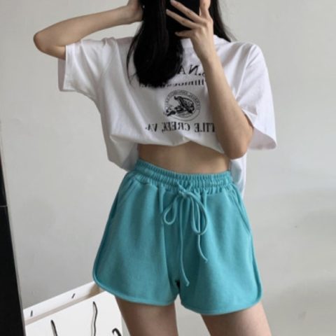 Sports shorts women's summer wear solid color wide leg loose large casual hot pants high waist running home pajamas
