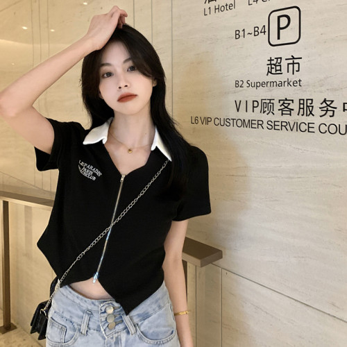 Short zipper top summer sweet and spicy slim fit belly covering irregular polo collar short-sleeved t-shirt women