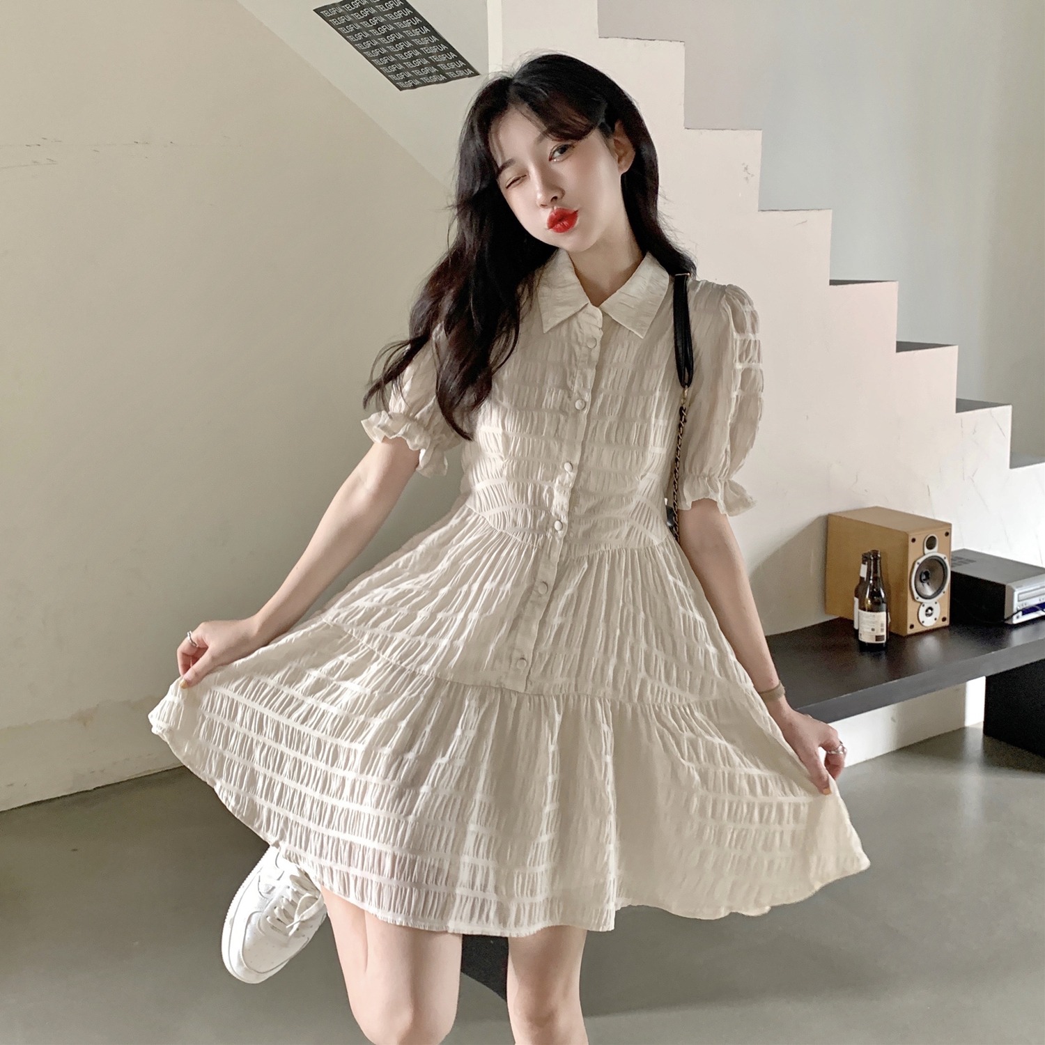 Little man with ancient fugitive princess skirt fairy Chiffon waist closing bubble sleeve texture dress thin small fresh