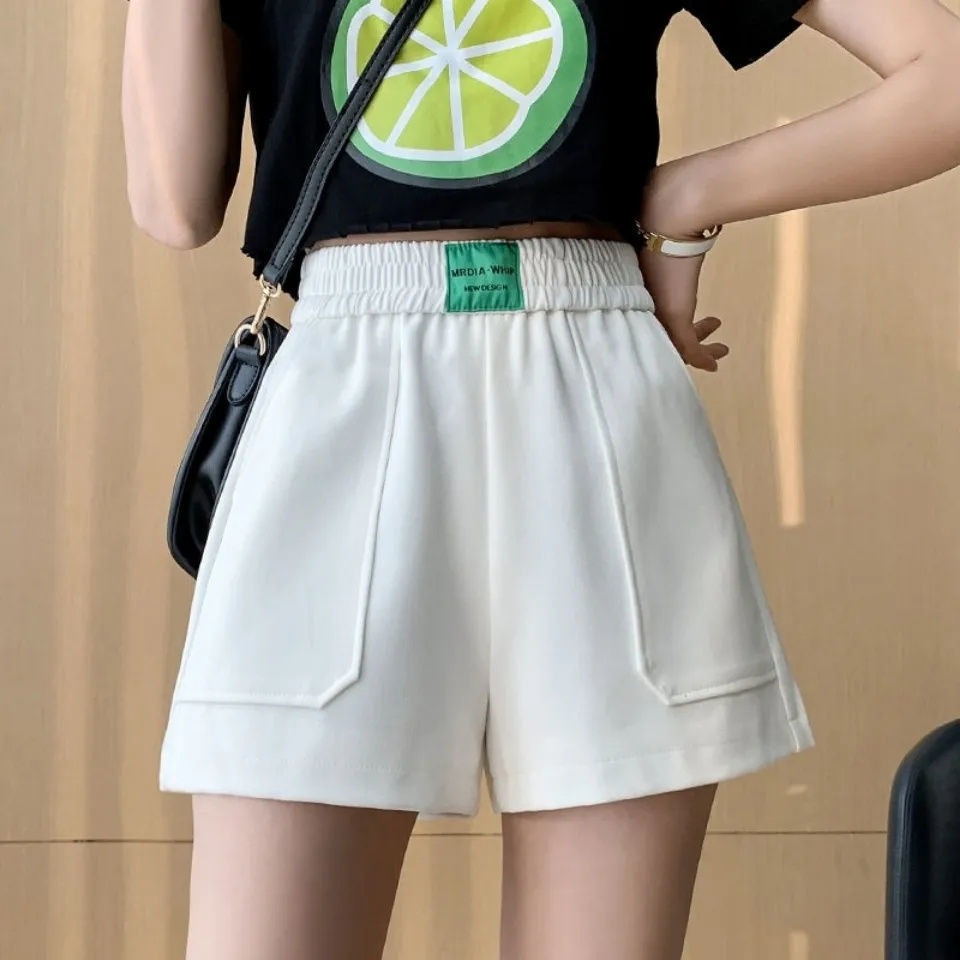 Official figure cotton shorts women's spring and summer loose and thin elastic waist leisure sports pants high waist A-shaped wide leg hot pants