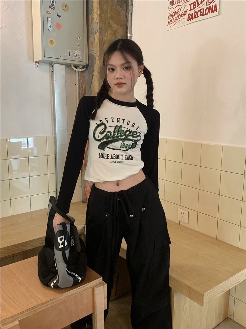 Real price American retro Raglan letter printed short long sleeve T-shirt