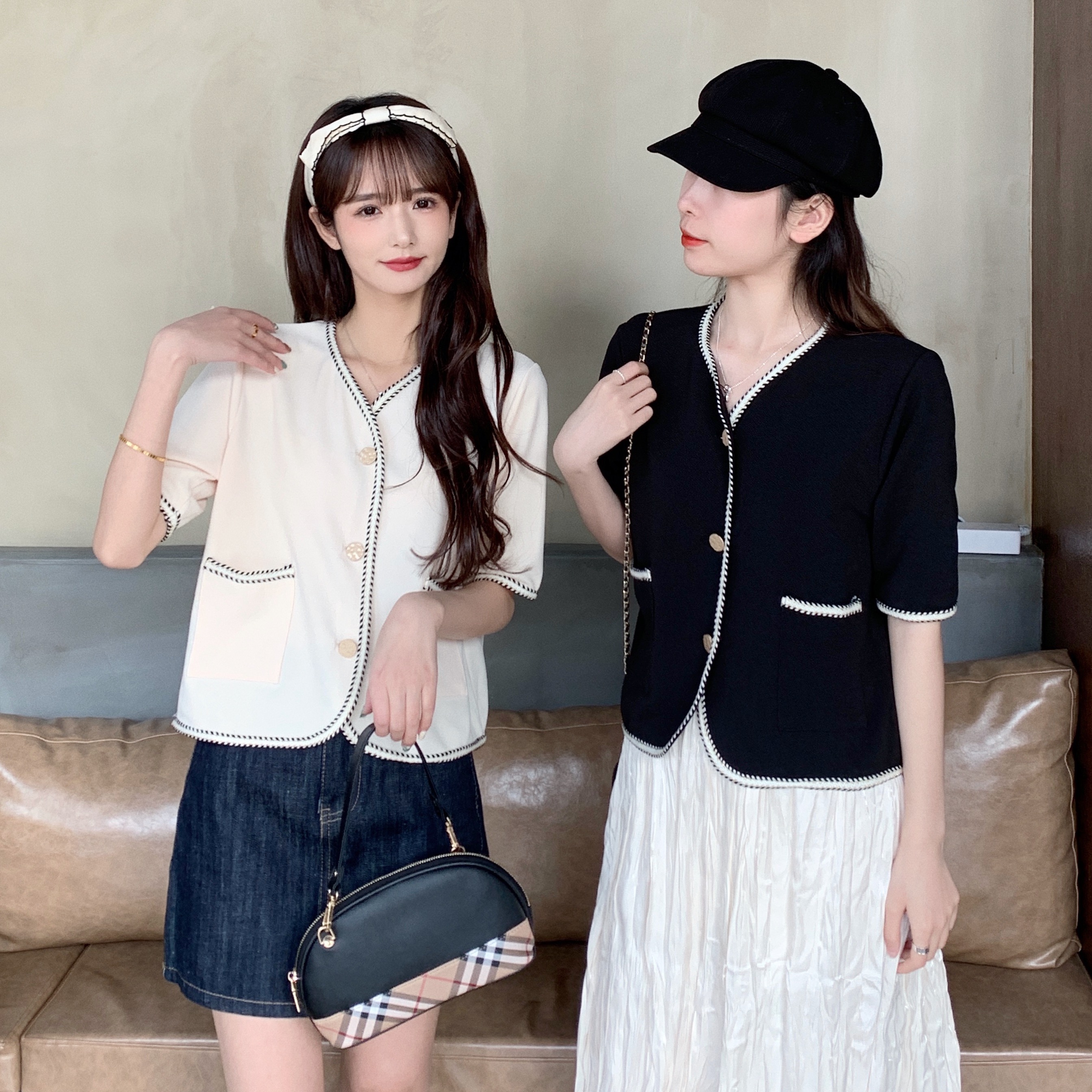 Real shooting of new summer large women's clothes French style small fragrance loose short V-neck