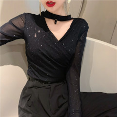 Real shot temperament lace mesh slim fit top hanging neck V-Neck long sleeve bottoming shirt real price