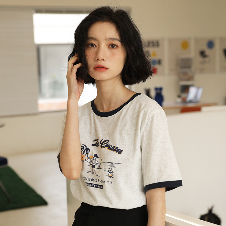 Hong Kong Style printed pure cotton student t-shirt female short sleeve 22 summer new loose round neck bottomed Shirt Top