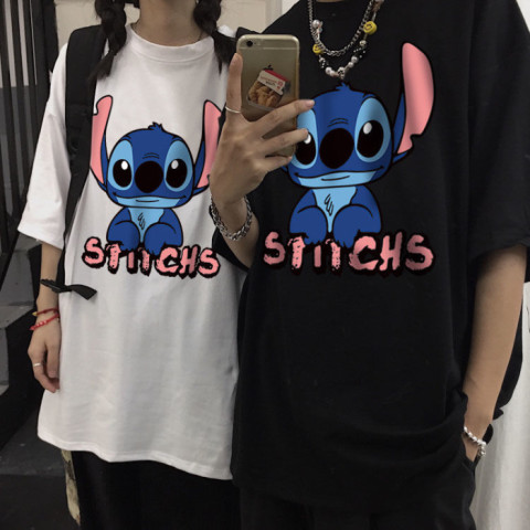 Cartoon Stitch printed T-shirt for men and women, Harajuku style couple wear, loose and versatile short-sleeved ins trend