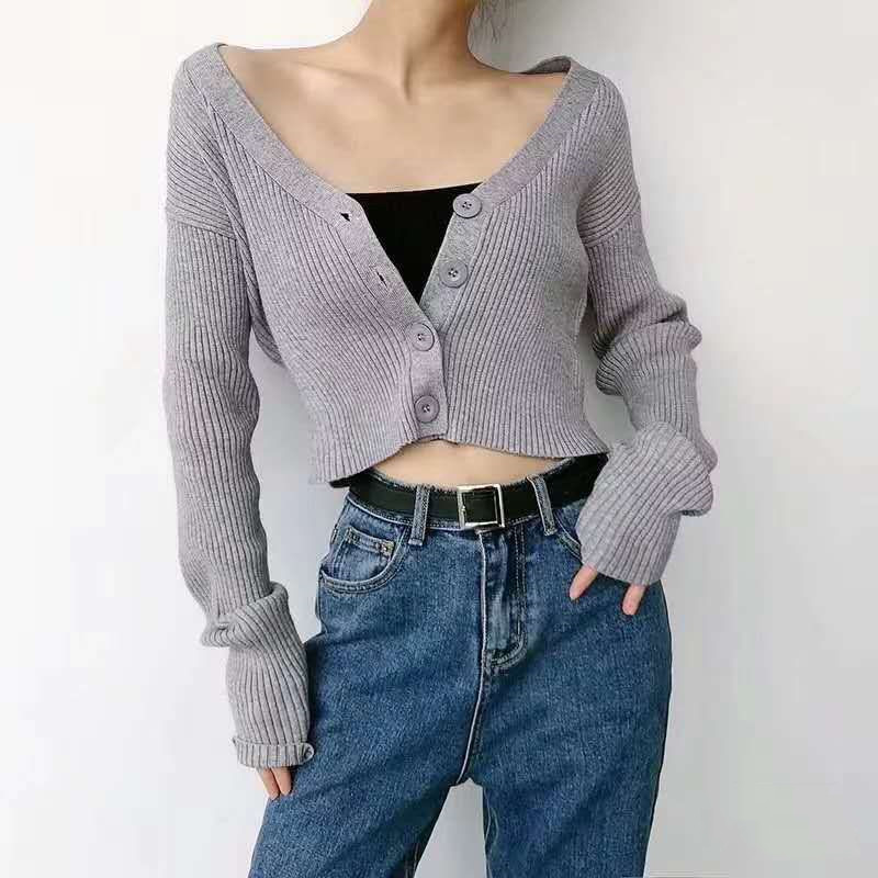 Early autumn European and American retro lazy style, slim body show foreign style sweater knitted cardigan versatile short style outerwear women