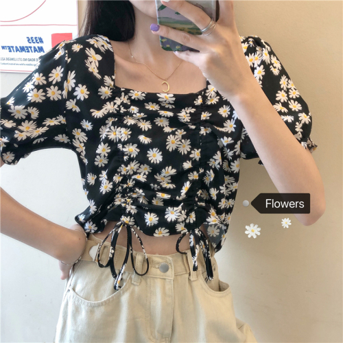 Real photo real price summer new style square collar pleated drawstring small daisy short sleeve top bubble sleeve shirt female