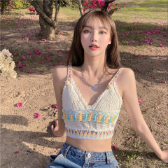 Real price real shot sexy open navel knitted vest Hong Kong Style V-neck tassel versatile suspender top