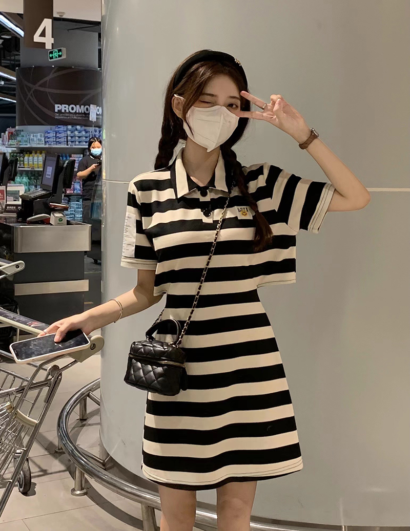 Summer waistless skirt temperament POLO collar small skirt striped T-shirt dress